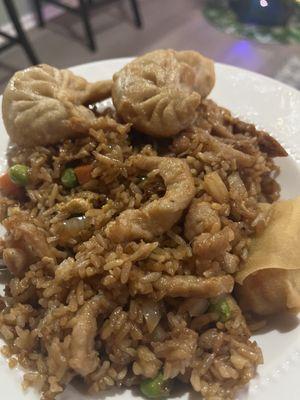 Fried rice with dumplings and egg roll