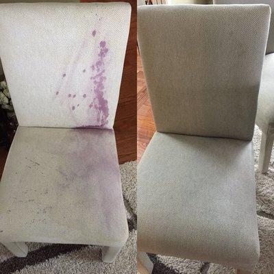 Before and after of red wine spilled on a white chair.