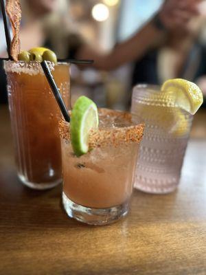 Bloody Mary, Margarita, and water in a pretty cup.