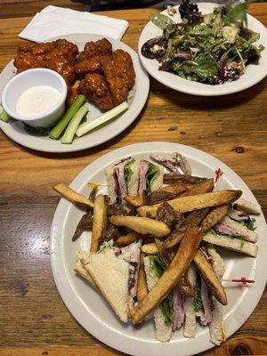 Club sandwich, Greek salad, and Hot wings