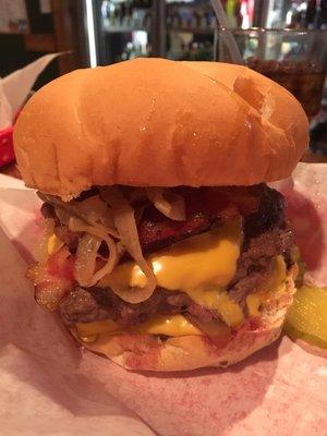 Brewster's double cheeseburger with bacon, grilled onions and homemade potato chips! Amazing! Proudly serving Nolechek's ground chuck.