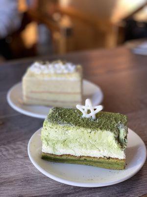 Matcha mousse (front), Sweet potato cake (back)