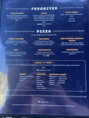 Specialties and pizza menu