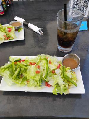 Side salad with balsamic vinaigrette and Pepsi