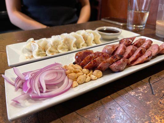 Steamed Vegetable dumpling, Thai sausage.