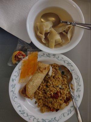 Roast pork fried rice, pork egg roll and Wonton soup.