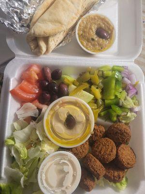 Falafel plate with a small side of baba ghanoush.