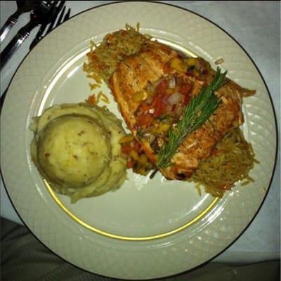 Salmon, rice pilaf & mash potatoes