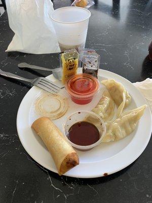 Steamed dumplings and spring roll.