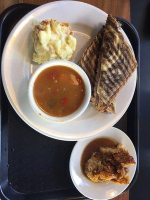 Roast Beef Panini, vegetable soup, potato salad, and pumpkin bread pudding. Big plate.