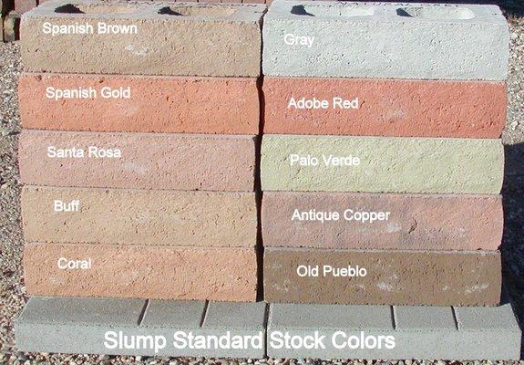 CABCO std. stocking slump colors (except buff -now a special order color. 8416 stds, 12416 solids.