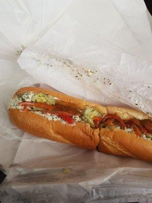 So pretty...Large chicken salad hoagie pickles, sweet peppers, and oil