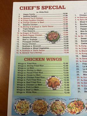 Specials and Wings menu