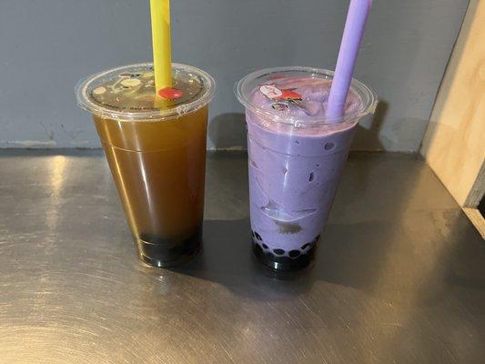 Taro boba smoothie and mango green tea