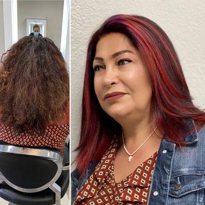 Red ombré hair color and haircut by Atosa