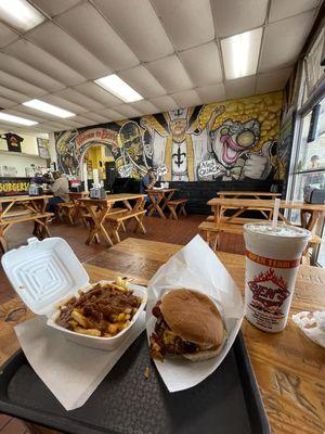 Bacon cheeseburger, chili cheese fries