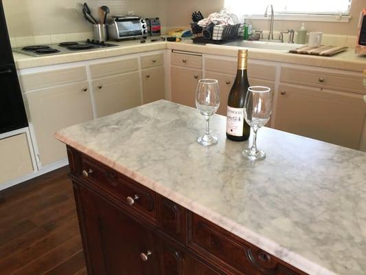 Victorian Sideboard - repurposed for kitchen Island - Marble Top - changing knobs to match kitchen cabinets