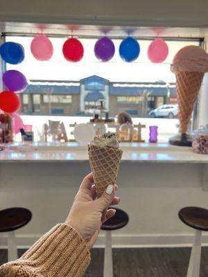 Salted caramel ice cream on waffle cone