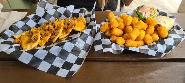 perogies, burger, and tots