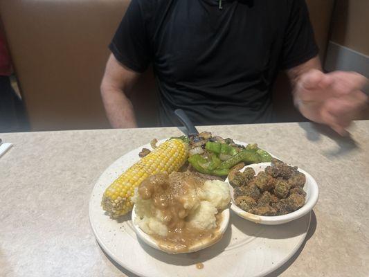 Hamburger steak mashed potatoes corn fried okra