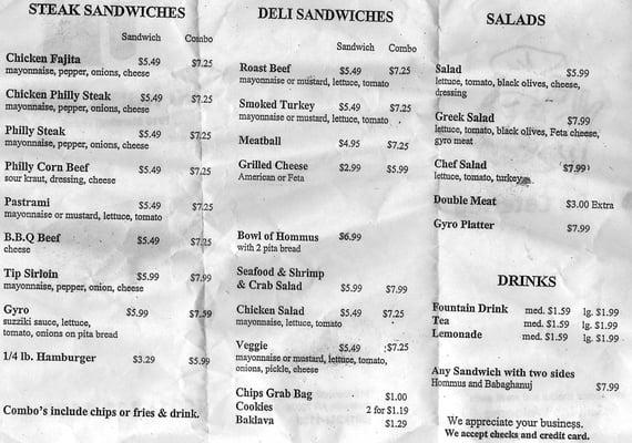 No Name Deli Menu