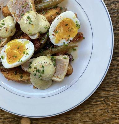 Tuna nicoise with potatoes, green beans, and caper aioli