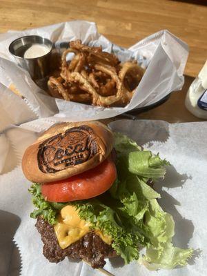 Burger and onion straws.