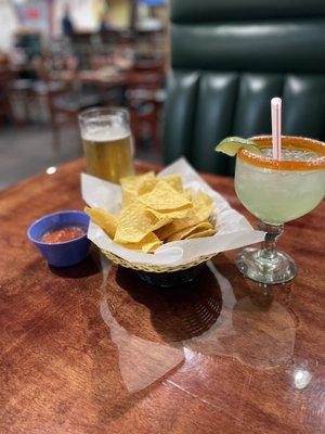 Chips, salsa, margarita & beer