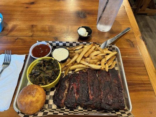 Half rack of ribs (Alder and Apple wood Smoked BBQ St. Louis Ribs), collared greens, fries, cornbread. (Ranch, bbq sauce, butter)