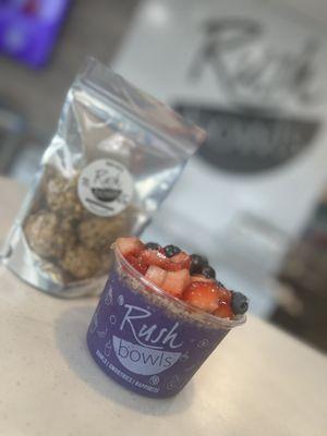 Rush Bites Rolled in Granola, Mai Tai Bowl with Blue Spirulina, topped w/strawberries, blueberries and granola. Rush Bites Rolled in Granola