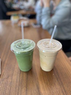 Matcha latte and regular latte