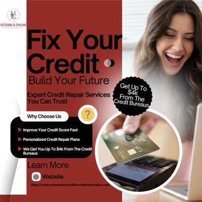 Fix your credit! Transform your life! We help delete bankruptcies , charge offs, mortgages, auto loans and collections plus $4k! Call us now