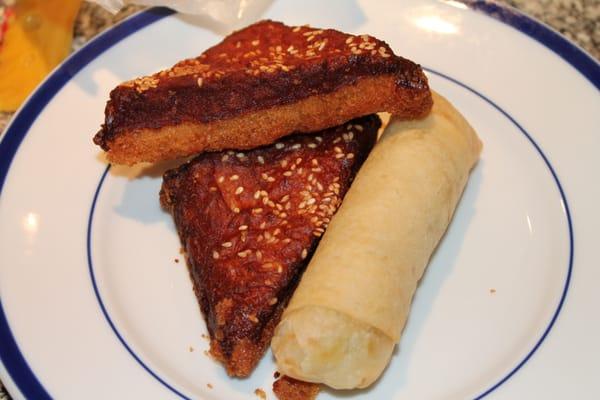 Shrimp Toast (4pc per order), vegetable spring roll (2pc)--one of my faves