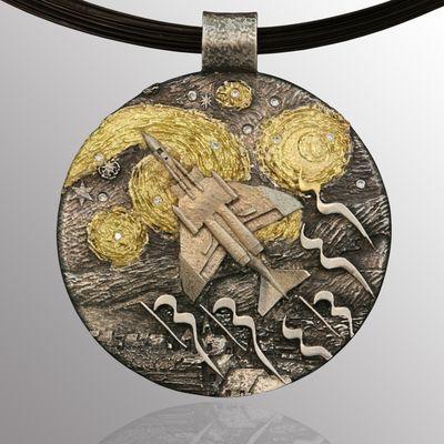 Custom pendant made in silver, 14K white & 18K yellow gold & diamonds, with inspiration from Evelyn's pilot husband & Van Gogh