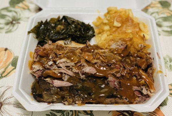 2 Meat Combo $10.99 Ribs/Pork with Collard Greens & Mac n Cheese