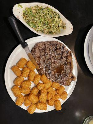 14 oz Ribeye, Tater Tots, and Brussel Sprouts