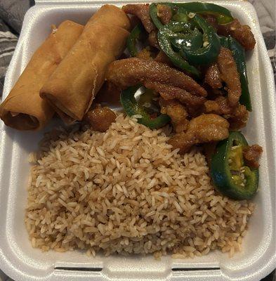 Jalapeño chicken, vegetable fried rice and egg rolls