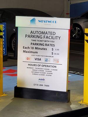 Parking structure rate as of Fri 8/5/22. LA Fitness validates for 90 minutes free.