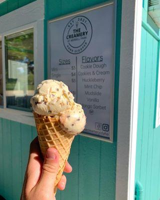 Ice cream cone with cookie dough.