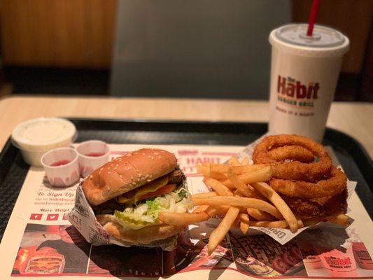 Charburger with Cheese (~$4), Half French Fries/Half Onion Rings (~$3), Regular Drink (~$3).