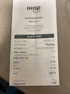 Pardon My Cheesesteak receipt from IHOP.