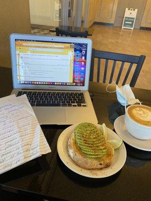 Avocado toast and latte with oat milk!