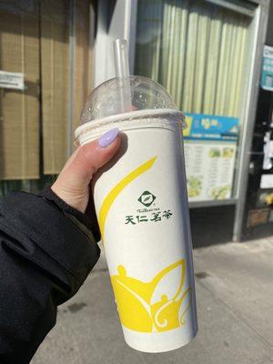 Green tea milk tea (half sugar) with boba - super yummy