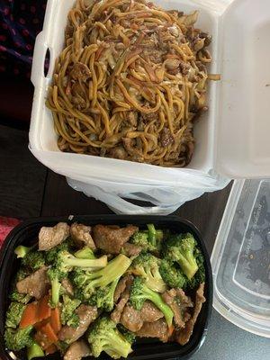 Beef lo mein and beef and broccoli