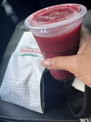 2 glazed donuts and Frozen Strawberry Chiller