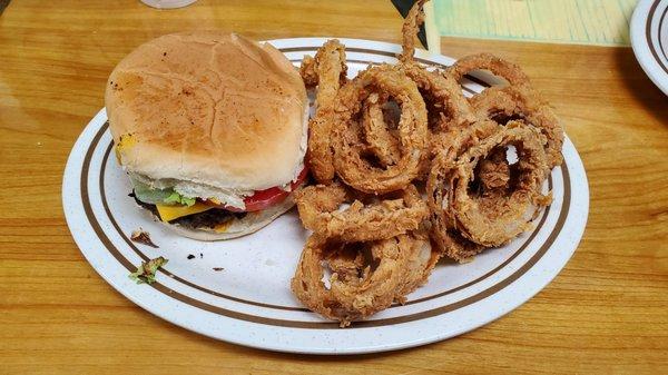 Burger and onion rings