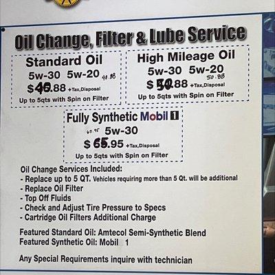 Oil change pricing as of 8/20/22