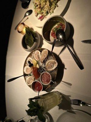 Oysters. Big Eye Tuna Tartare*. Heirloom Apple Salad