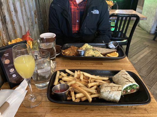 Grilled Chicken Wrap Three Egg Omelet Mimosa