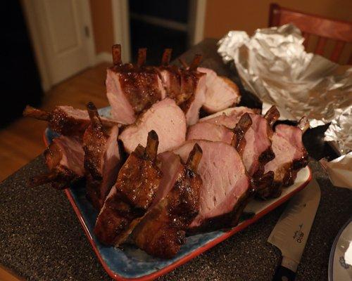 Hatfield crown roast, sliced into pork chops before serving.  Excellent pork!